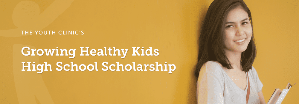 YC_WebsiteInnerBanner_Scholarship_201802 A young woman holding a notebook and pen smiles in front of a yellow background. The image includes text that reads, "The Youth Clinic's Growing Healthy Kids High School Scholarship.