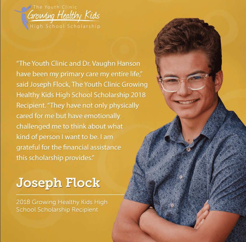 A young man with glasses and curly hair smiles confidently with arms crossed against a yellow background. A quote beside him mentions his gratitude for a scholarship, recognizing the role of The Youth Clinic and Dr. Vaughn Hanson in his life.