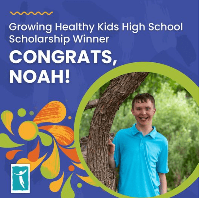 A young person in a blue shirt smiles while leaning against a tree. The image features text announcing them as the Growing Healthy Kids High School Scholarship winner. Colorful floral graphics decorate the image.