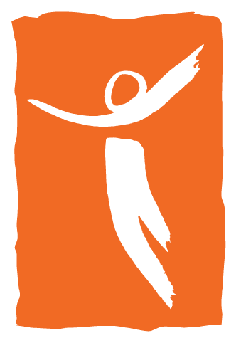 A stylized figure with an orange background, featuring a white human shape with outstretched arms and one leg raised, giving an impression of movement or dance.