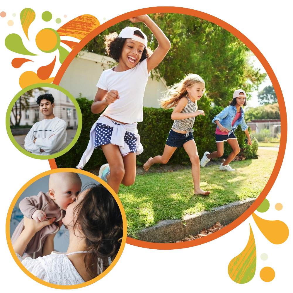 collage-of-images-baby-with-mom-young-kids-playing-teenager Children joyfully run and play in a grassy area, framed by colorful graphics. Insets show a smiling person with a folded-arm pose, and a mother kissing her baby, surrounded by similar decorative elements.
