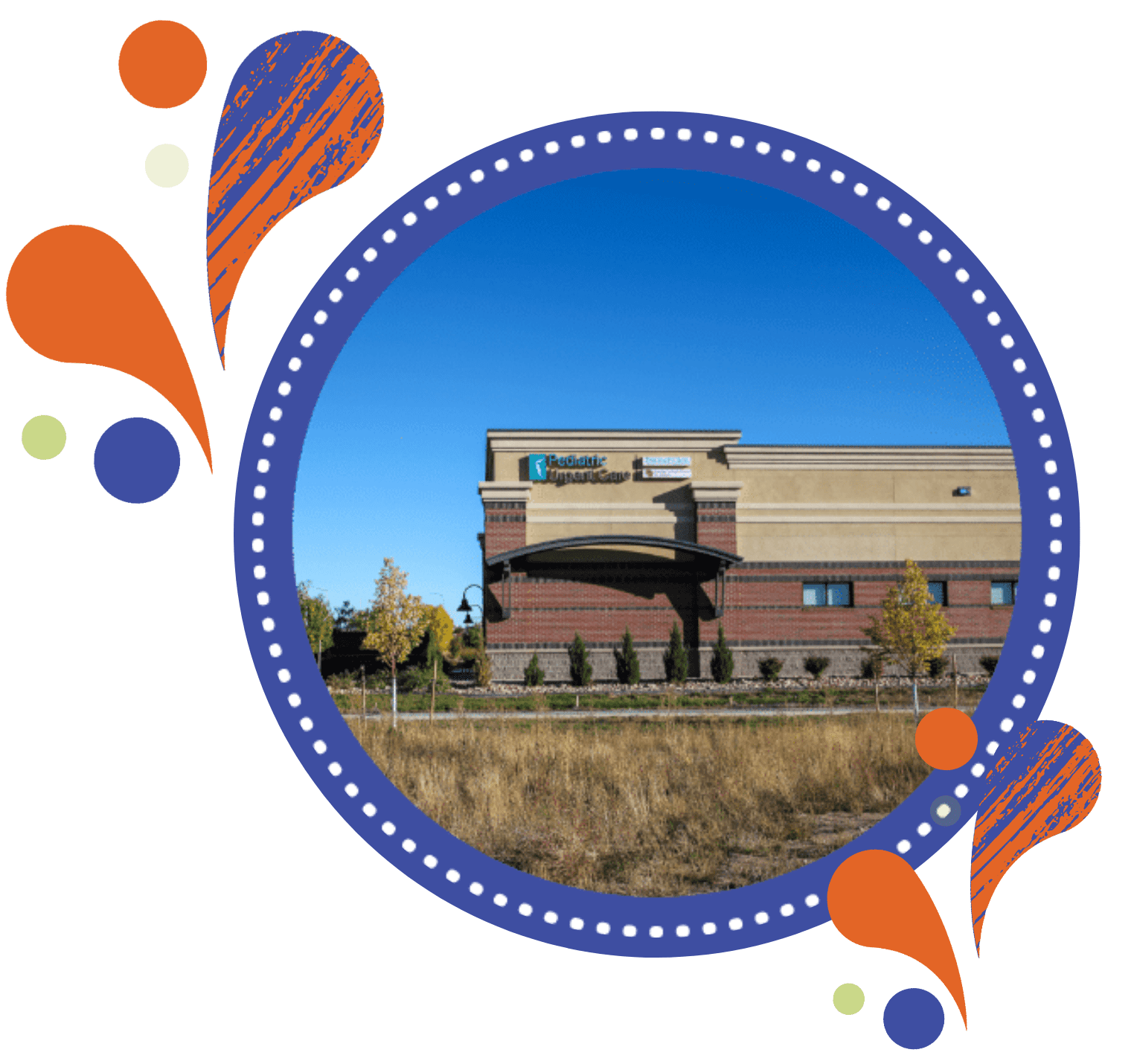 Untitled design (7) A modern medical building under a clear blue sky, framed by a circular blue border with orange and purple decorative splashes and green dots.